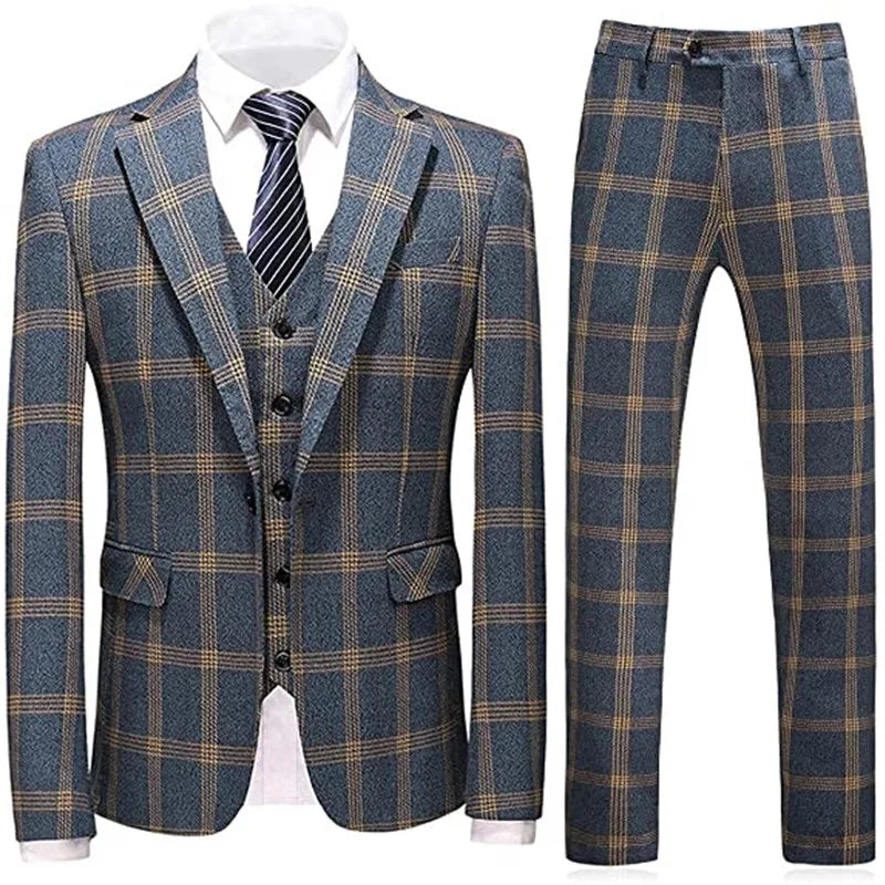 M&T Wear - Men’s 3-Piece Check Plaid Suit – Classic One Button Design