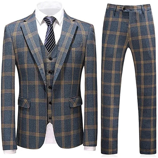 M&T Wear - Men’s 3-Piece Check Plaid Suit – Classic One Button Design