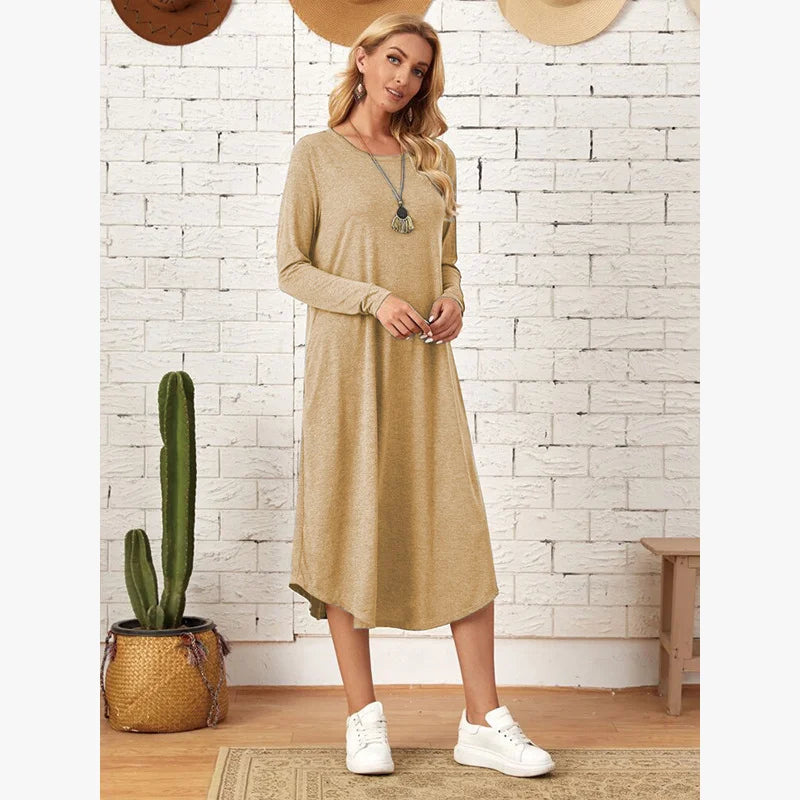 Women's 2025 Fall Winter Knit Dress - Solid Color Swing Dress with Side Pockets, Casual A-Line Tunic Dress