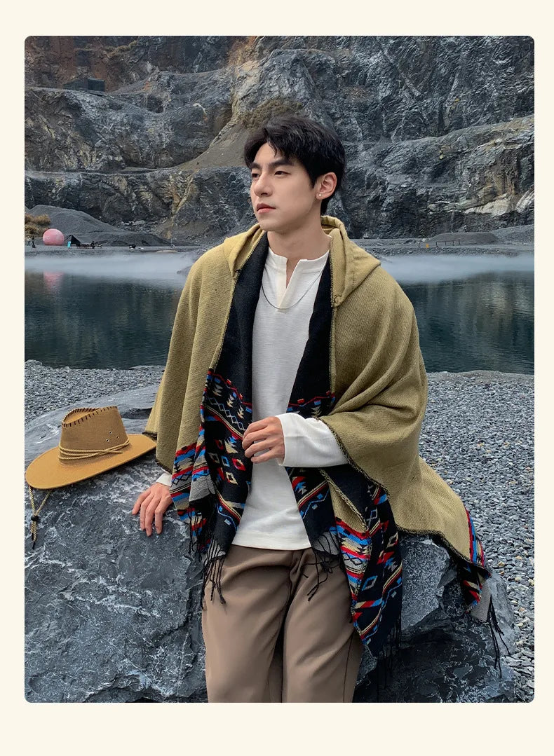 M&T Wear - Winter New Bohemian Shawl Men Ponchos Cashmere Blend Cape Coat Fringe Poncho Vintage Tassel Scarf Hooded Wraps Outwear