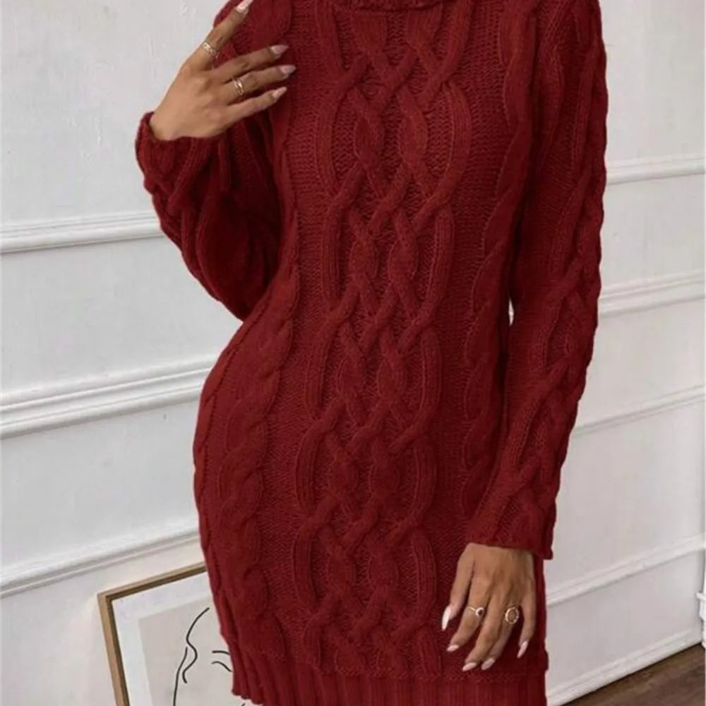 M&T Wear - Simple Slim-Fit High-Neck Mini Sweater Dress
