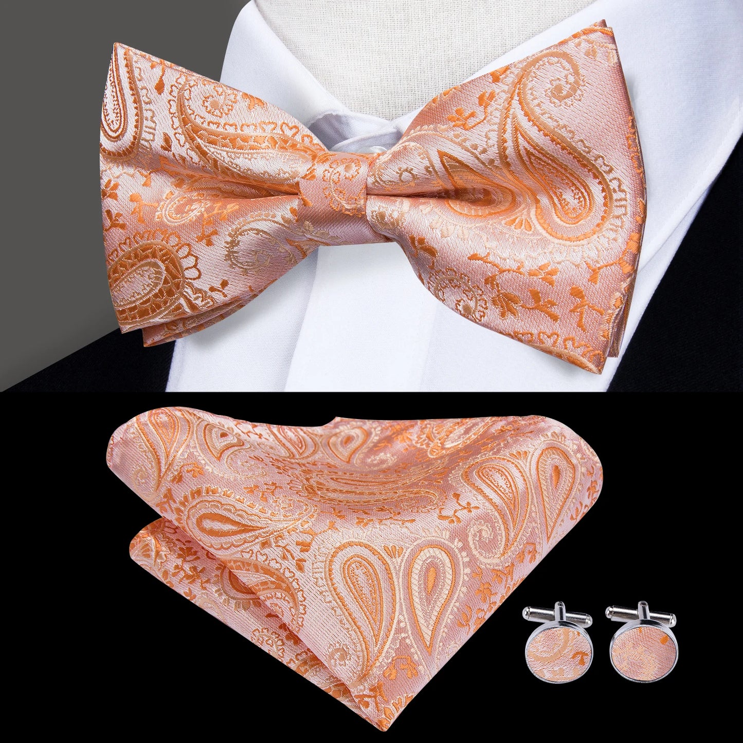 Hi-Tie 60 Color Classic Bow Ties for Men Silk Butterfly Pre-Tied Male Bowtie Pocket Square Cufflinks Set Jacquard Paisley Floral
