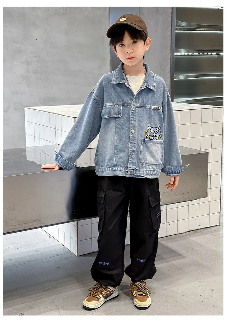 M&T Wear - Kids Denim Jacket Boys Jeans Coat Clothing Fashion Baby Boy Denim Jacket With Cartoon Embroidery Child Casual Streetwear Outfit