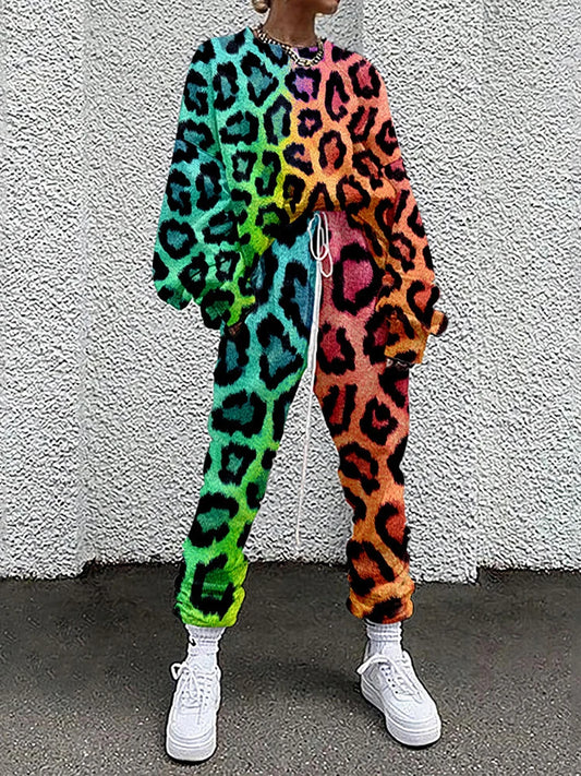 M&T Wear - Women Tracksuit Hipster Street Style Colorful Leopard Printed Casual Full Sleeve O Neck Sweatshirt + Drawstring Pants Two-pieces
