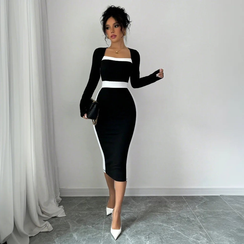 M&T Wear - Square Neck Plaid Knitted Maxi Dress