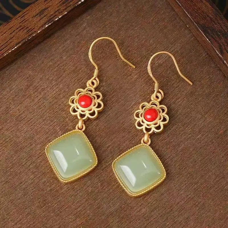 M&T Wear - Vintage Gilded Enamel Water-Drop Jade Earrings