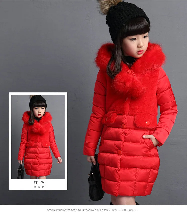 M&T Wear - Winter Warm Jackets for Girls Fashion Fur Hooded Children Girls Waterproof Outwear Kids Cotton Lined Parkas