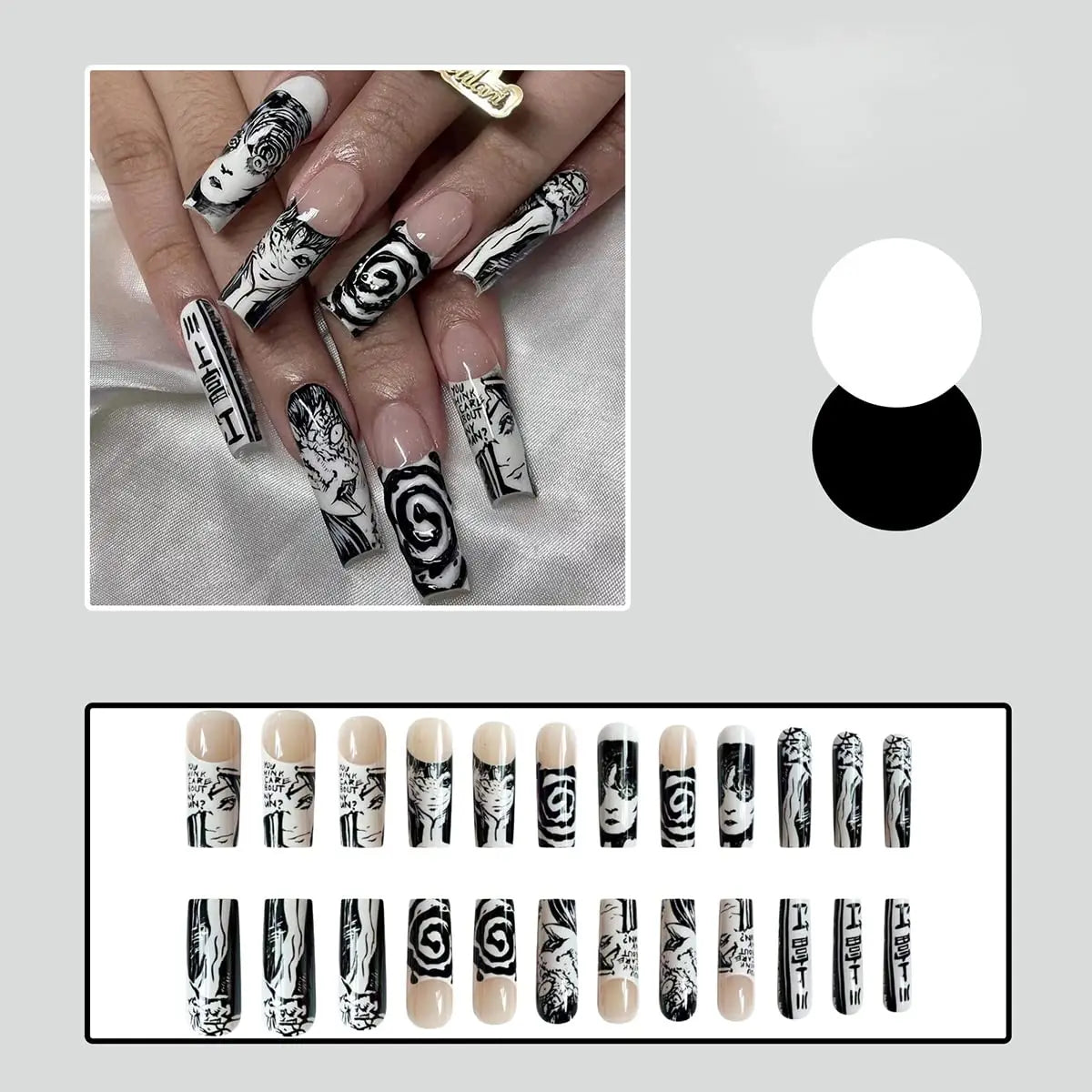 M&T Wear – 24PCS Black & White French Tips Press-On Nails with Anime Comics Design