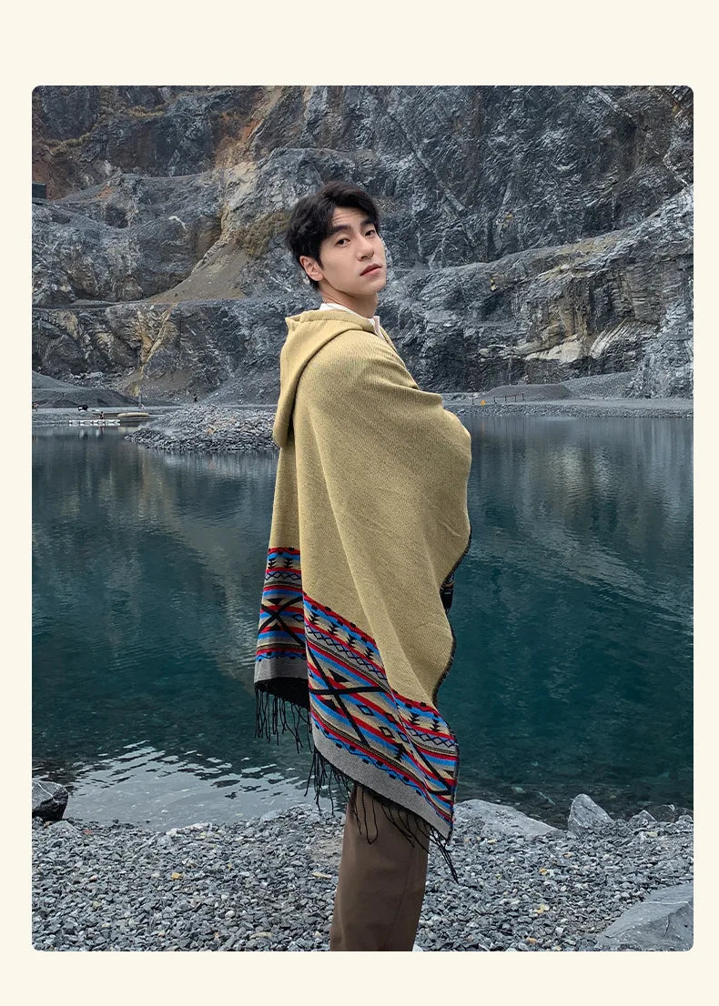 M&T Wear - Winter New Bohemian Shawl Men Ponchos Cashmere Blend Cape Coat Fringe Poncho Vintage Tassel Scarf Hooded Wraps Outwear