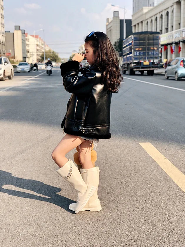 M&T Wear - Girls Jacket Leather Motorcycle Kids Coats Fleece Children Jacket Winter Autumn