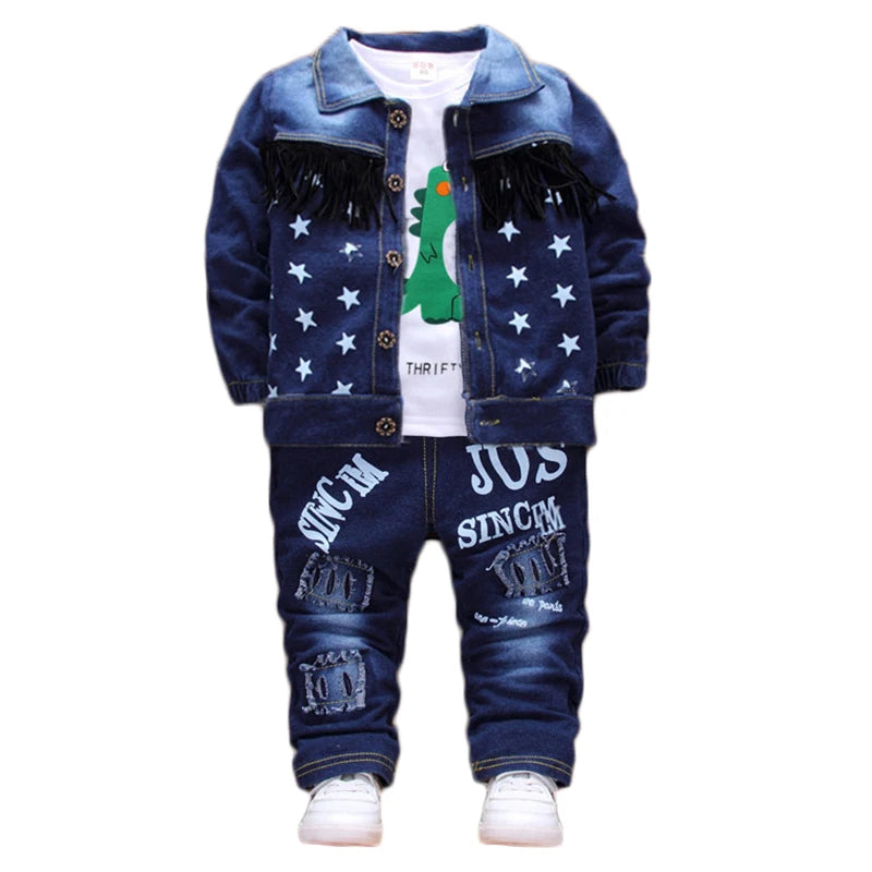 M&T Wear - Kids New Denim Jacket Boys Coat Toddler Sport Clothes Suit Clothing Set Cotton Jeans Coat T-shirt Pants Star Tracksuit Children