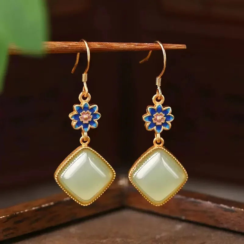 M&T Wear - Vintage Gilded Enamel Water-Drop Jade Earrings