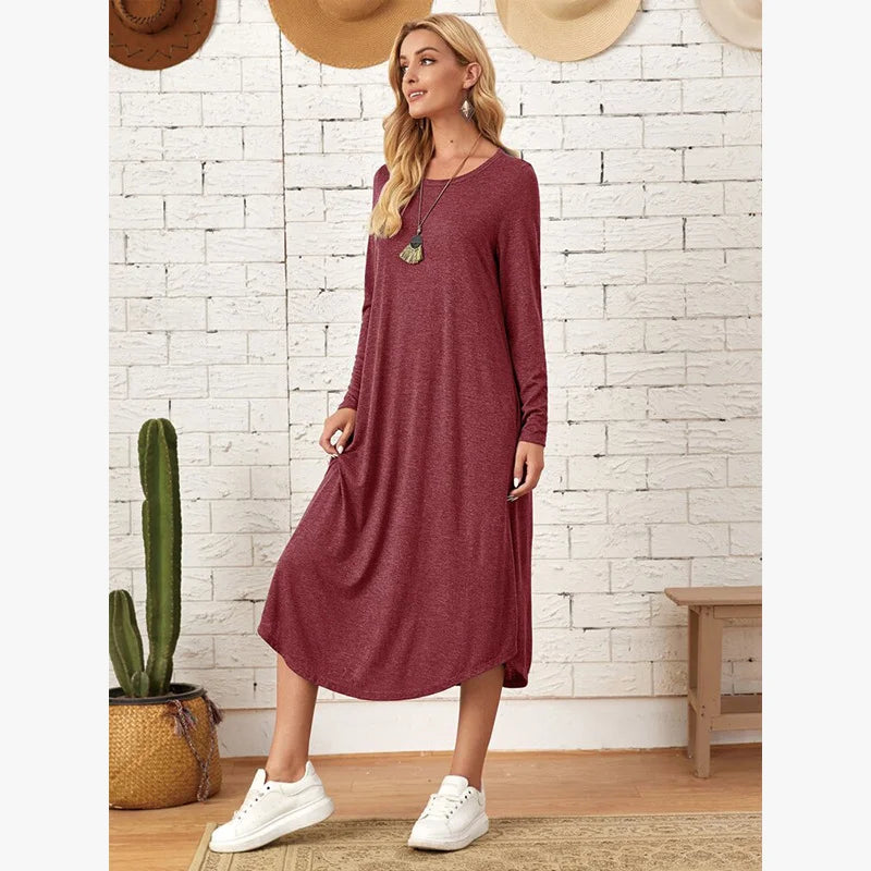 Women's 2025 Fall Winter Knit Dress - Solid Color Swing Dress with Side Pockets, Casual A-Line Tunic Dress