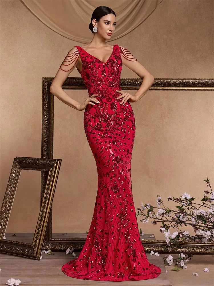 M&T Wear - Elegant Deep V-Neck Red Sequin Formal Evening Dresses Women Beading Wedding Party Mermaid Cocktail Prom Graduation Gown