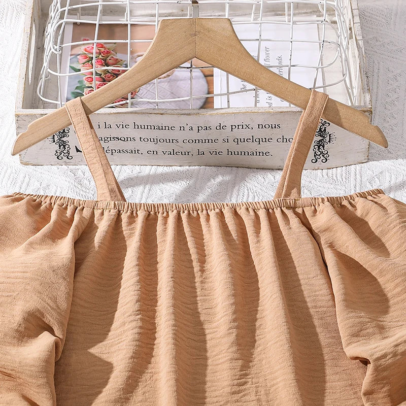 M&T Wear - Kids Clothing Sets For Girls Khaki Off-shoulder Long sleeve Top & Stripe Printing Pants Summer Resort Style Children Suits OOTD