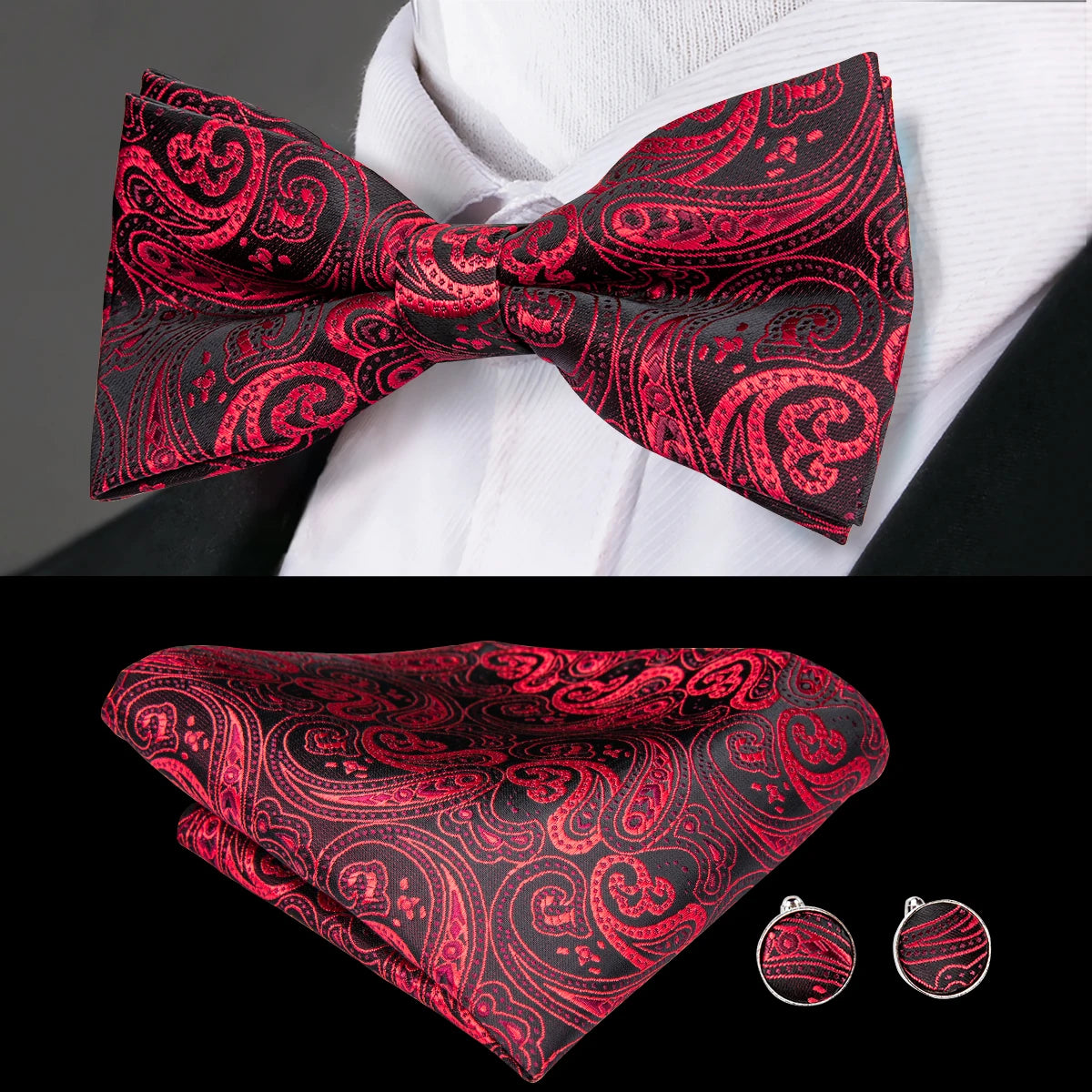 Hi-Tie 60 Color Classic Bow Ties for Men Silk Butterfly Pre-Tied Male Bowtie Pocket Square Cufflinks Set Jacquard Paisley Floral
