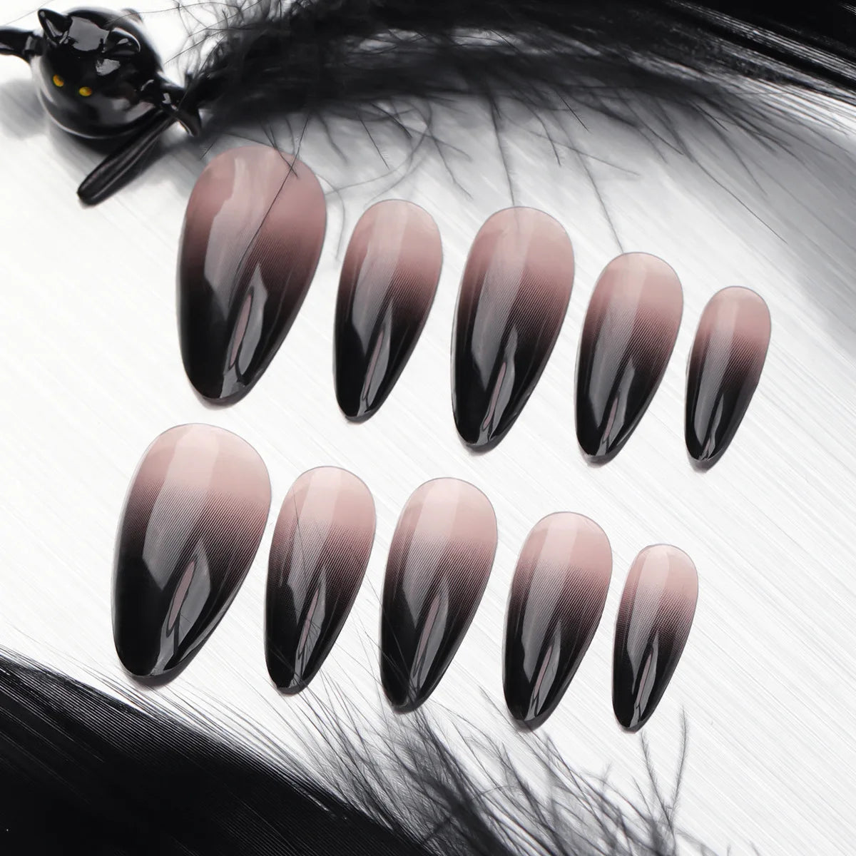 M&T Wear – 24PCS Almond Fake Press-On Nails | Halloween Black French Gradient Design