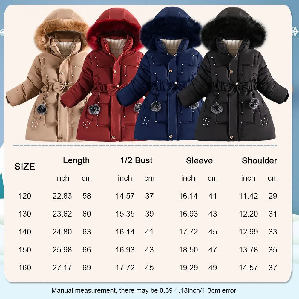 M&T Wear - Children's Winter Jacket Thick Warm Fur Collar Hood Beads Elastic Waist Teens Girls Down Coat,Fashion Windproof Kids Overcoat