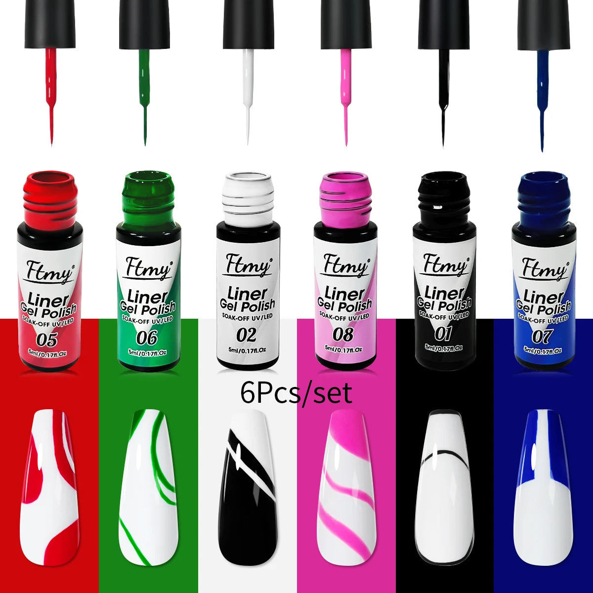 M&T Wear - Gel Liner Nail Art Set | 6 Colors Nail Design Polish Kit (5ml Each)