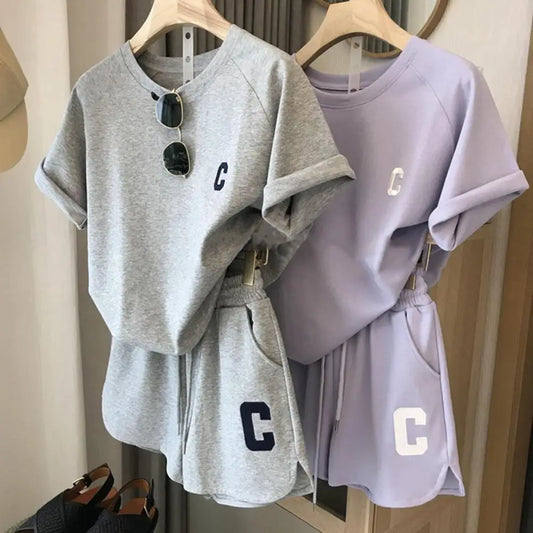 M&T Wear - Women Tracksuit C Letter Print Short Sleeve T-shirt Drawstring Shorts Sport Suit Lady Exercise T-shirt Shorts Two-piece Suit