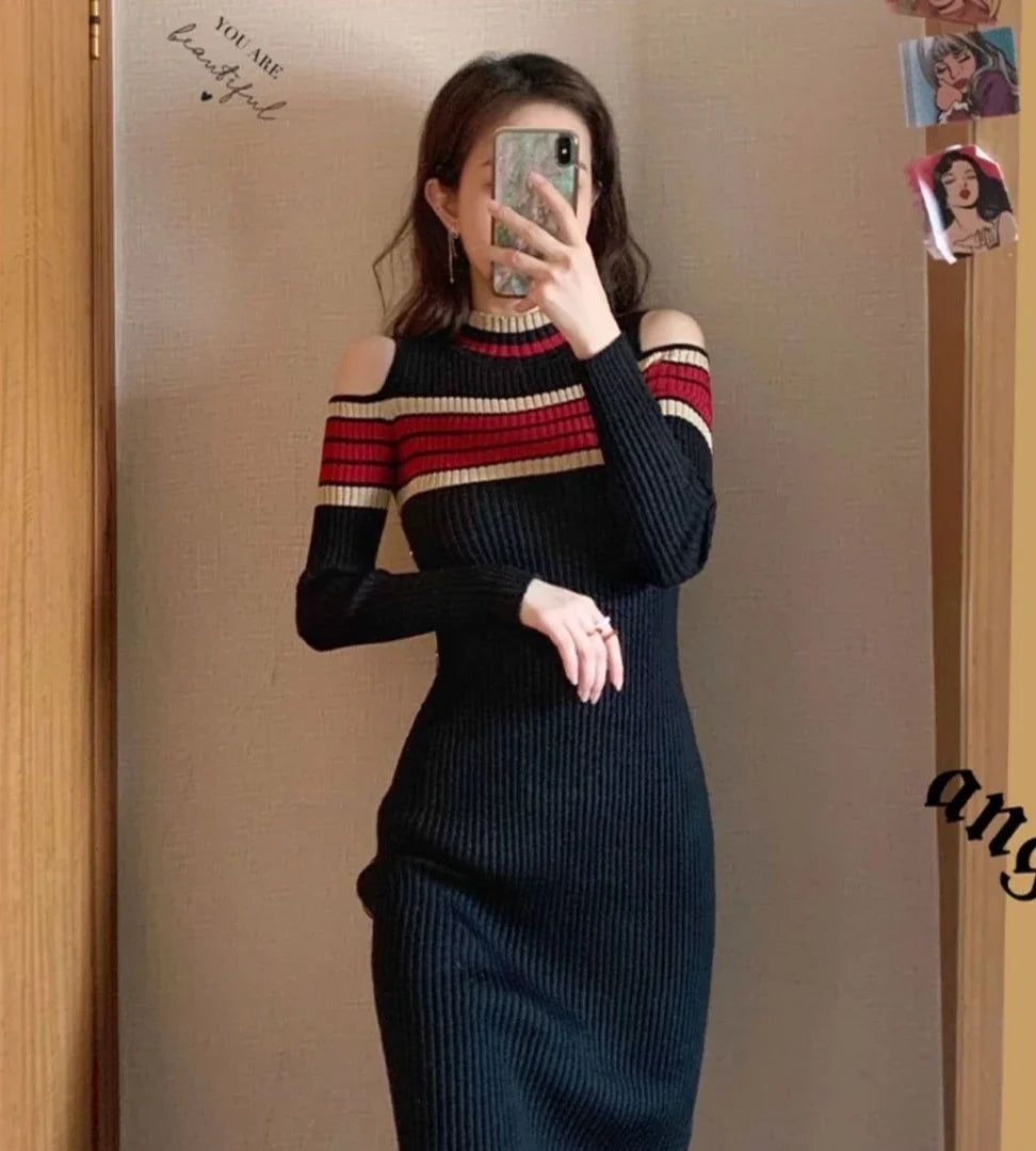 M&T Wear - Elegant Striped Bodycon Crochet Dress