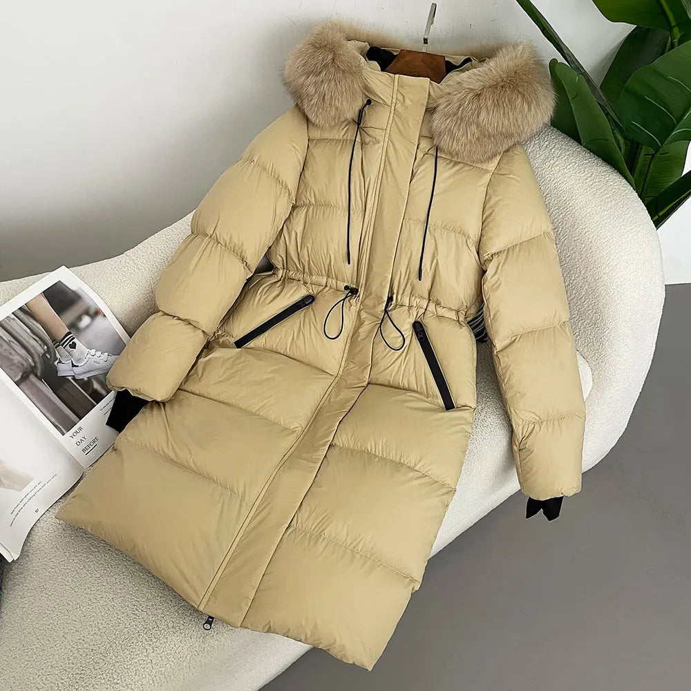 M&T Wear - Luxury Real Fox Fur Hooded White Duck Down Long Coat