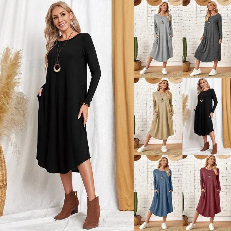 Women's 2025 Fall Winter Knit Dress - Solid Color Swing Dress with Side Pockets, Casual A-Line Tunic Dress