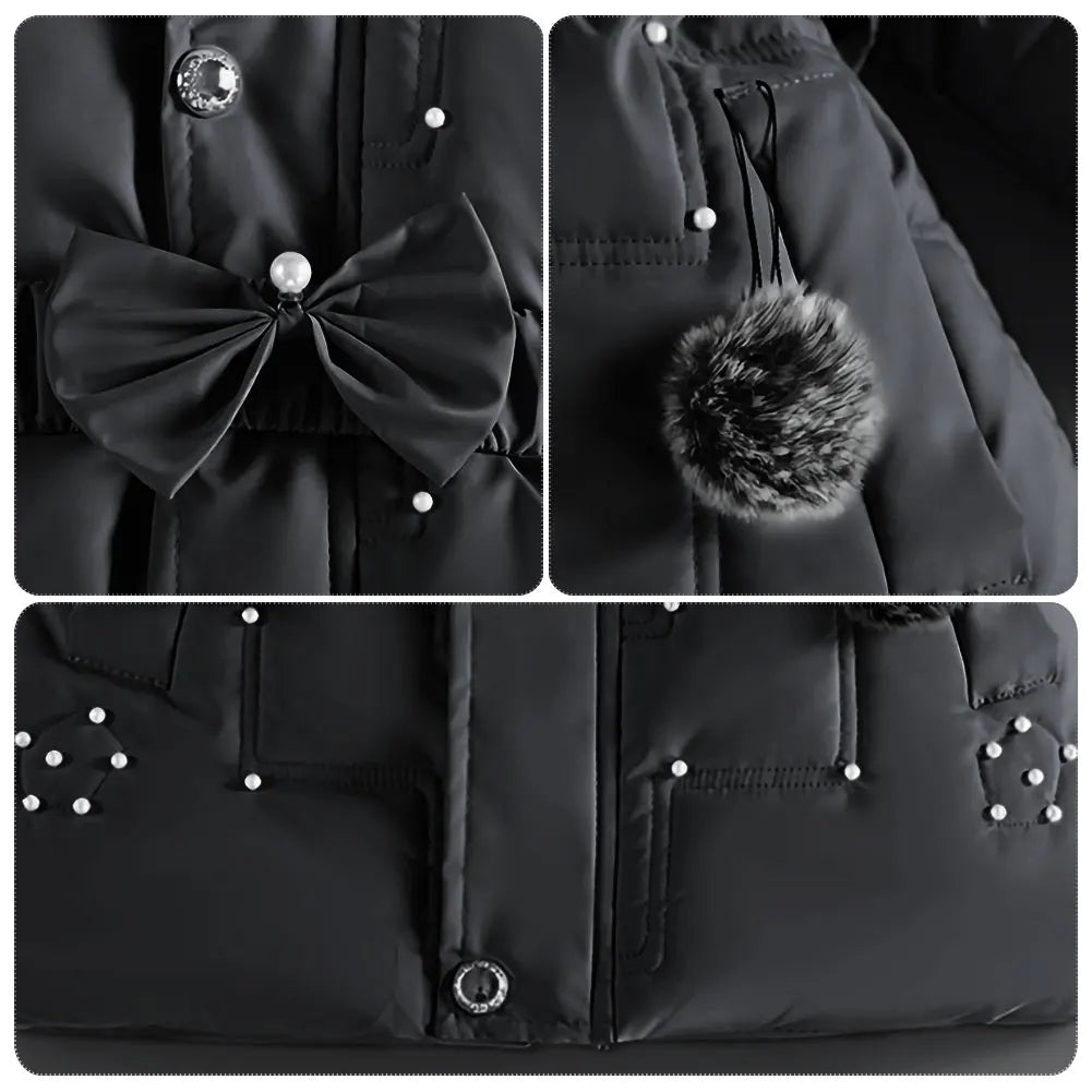 M&T Wear - Children's Winter Jacket Thick Warm Fur Collar Hood Beads Elastic Waist Teens Girls Down Coat,Fashion Windproof Kids Overcoat