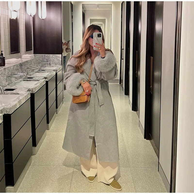 Elegant Solid Long Overcoat Women Turn-down Collar Lace Up Full Sleeve Classic Warm Coat 2025 New Lady Autumn Winter Casual Wear