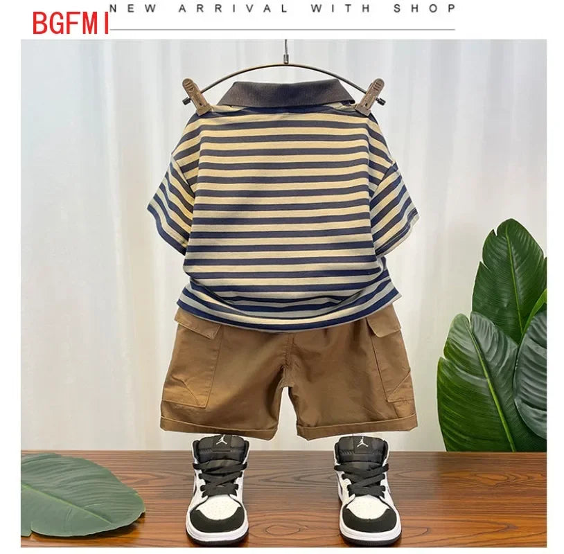 M&T Wear - Korean Children's Clothes 2025 Summer Kids Clothes Boys Outfits Baby Thin Short Sleeves Stripe Polo Shirt +Shorts Two Pieces Set