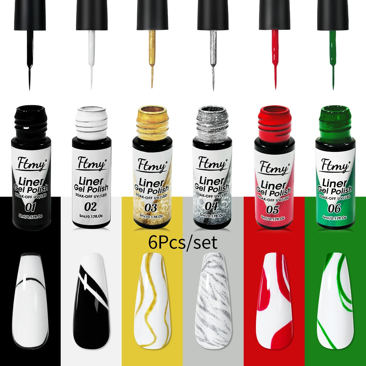 M&T Wear - Gel Liner Nail Art Set | 6 Colors Nail Design Polish Kit (5ml Each)