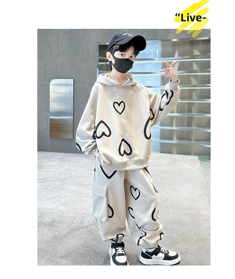 M&T Wear - Tracksuits for Kids 2025 Autumn Heart Print Casual School Boys Girls Hoodies+Pants Suits 5-14Years Teen Children Clothes Outfits