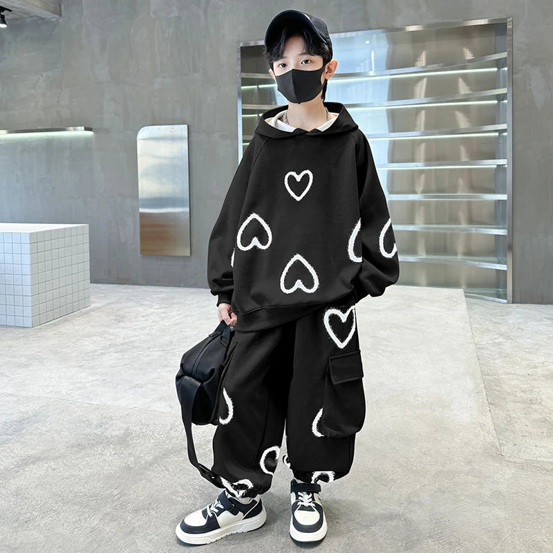 M&T Wear - Tracksuits for Kids 2025 Autumn Heart Print Casual School Boys Girls Hoodies+Pants Suits 5-14Years Teen Children Clothes Outfits