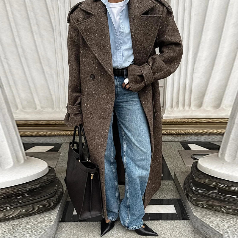 M&T Wear - Elegant Lace-Up Double-Breasted Long Wool Overcoat