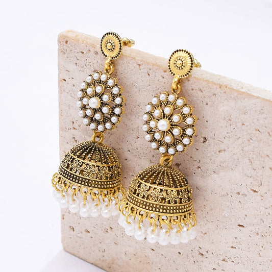 M&T Wear - Traditional Indian Jhumka Earrings for Women | Vintage Peacock Bell Design with Pearl Beads