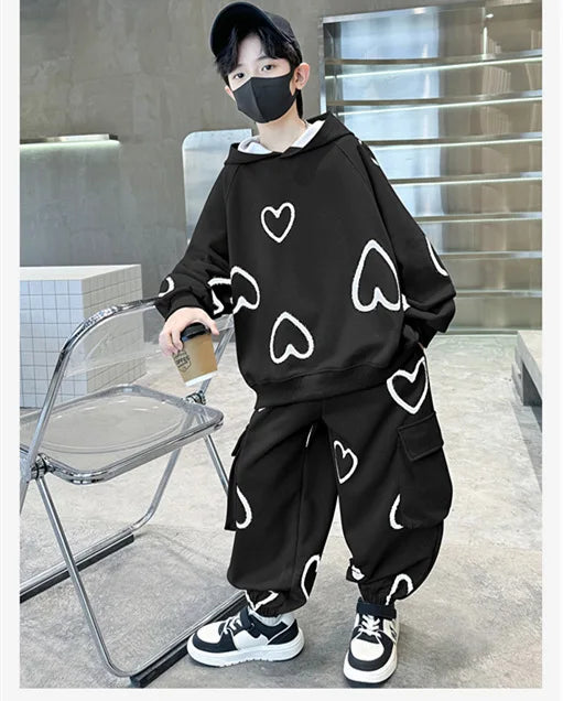 M&T Wear - Tracksuits for Kids 2025 Autumn Heart Print Casual School Boys Girls Hoodies+Pants Suits 5-14Years Teen Children Clothes Outfits