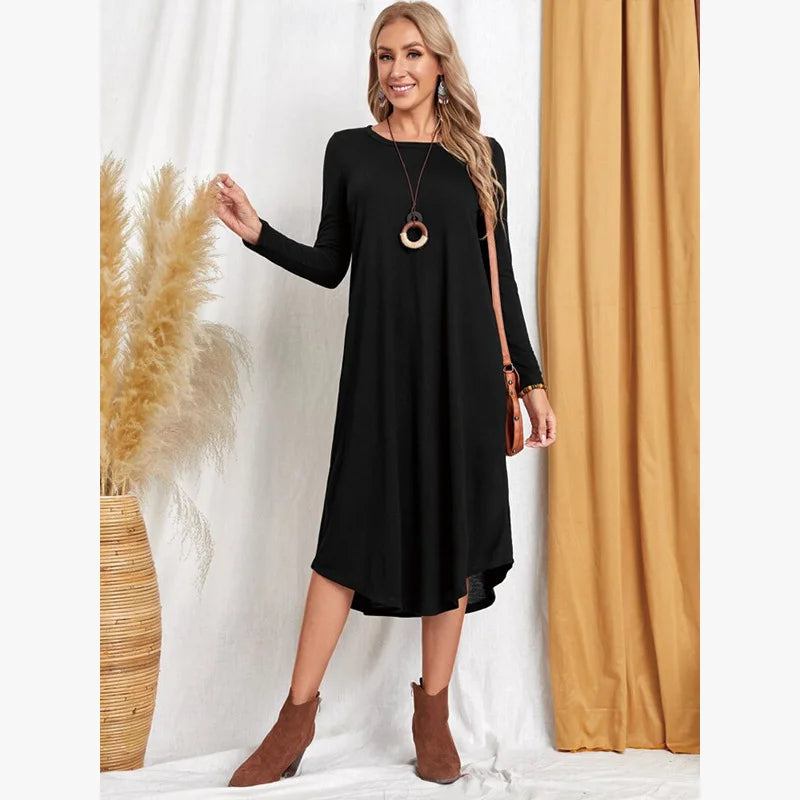Women's 2025 Fall Winter Knit Dress - Solid Color Swing Dress with Side Pockets, Casual A-Line Tunic Dress