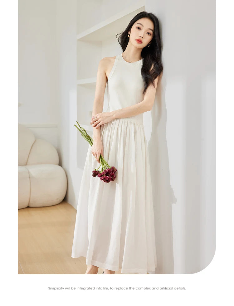 M&T Wear - VIMLY Women White Knit Vest Long Dresses Summer New Simple Elegant Sleeveless Waisted Temperament Party Evening A-Line Dress