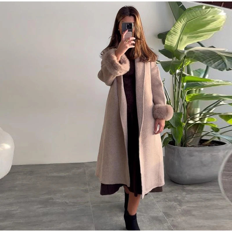 Elegant Solid Long Overcoat Women Turn-down Collar Lace Up Full Sleeve Classic Warm Coat 2025 New Lady Autumn Winter Casual Wear