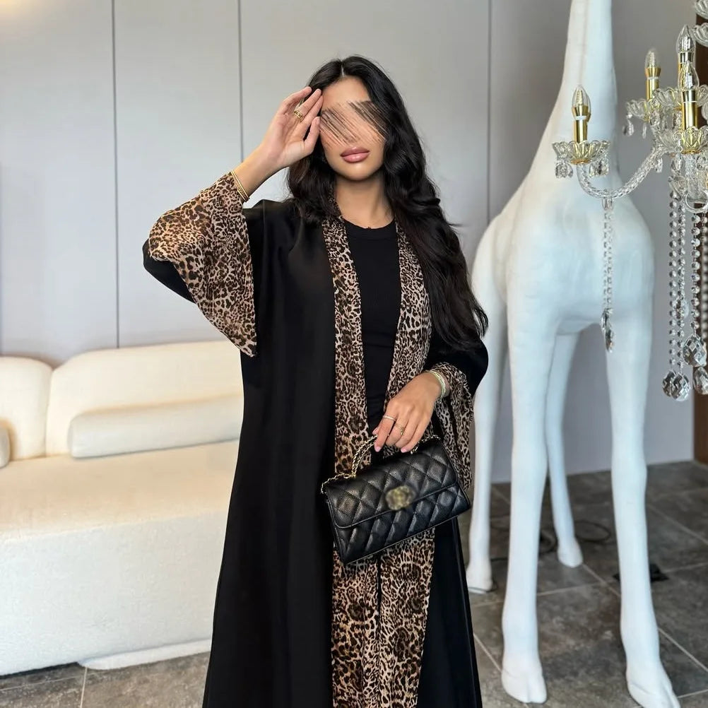 M&T Wear - Leopard Print Chiffon Open Abaya with Zipper
