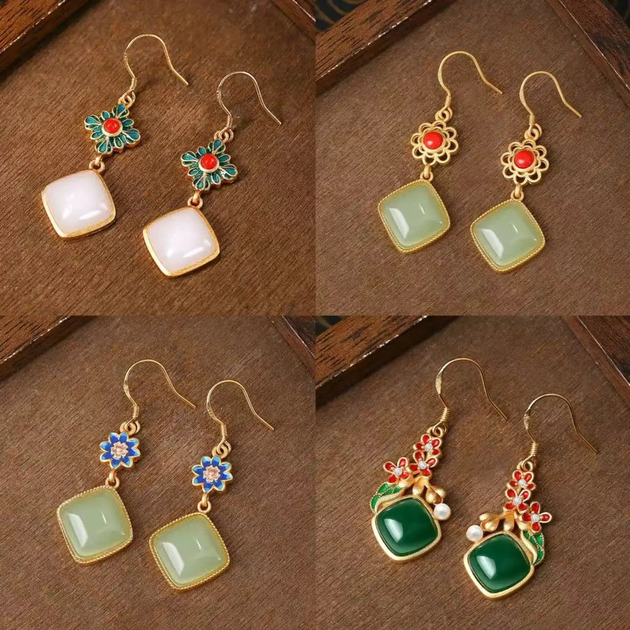 M&T Wear - Vintage Gilded Enamel Water-Drop Jade Earrings