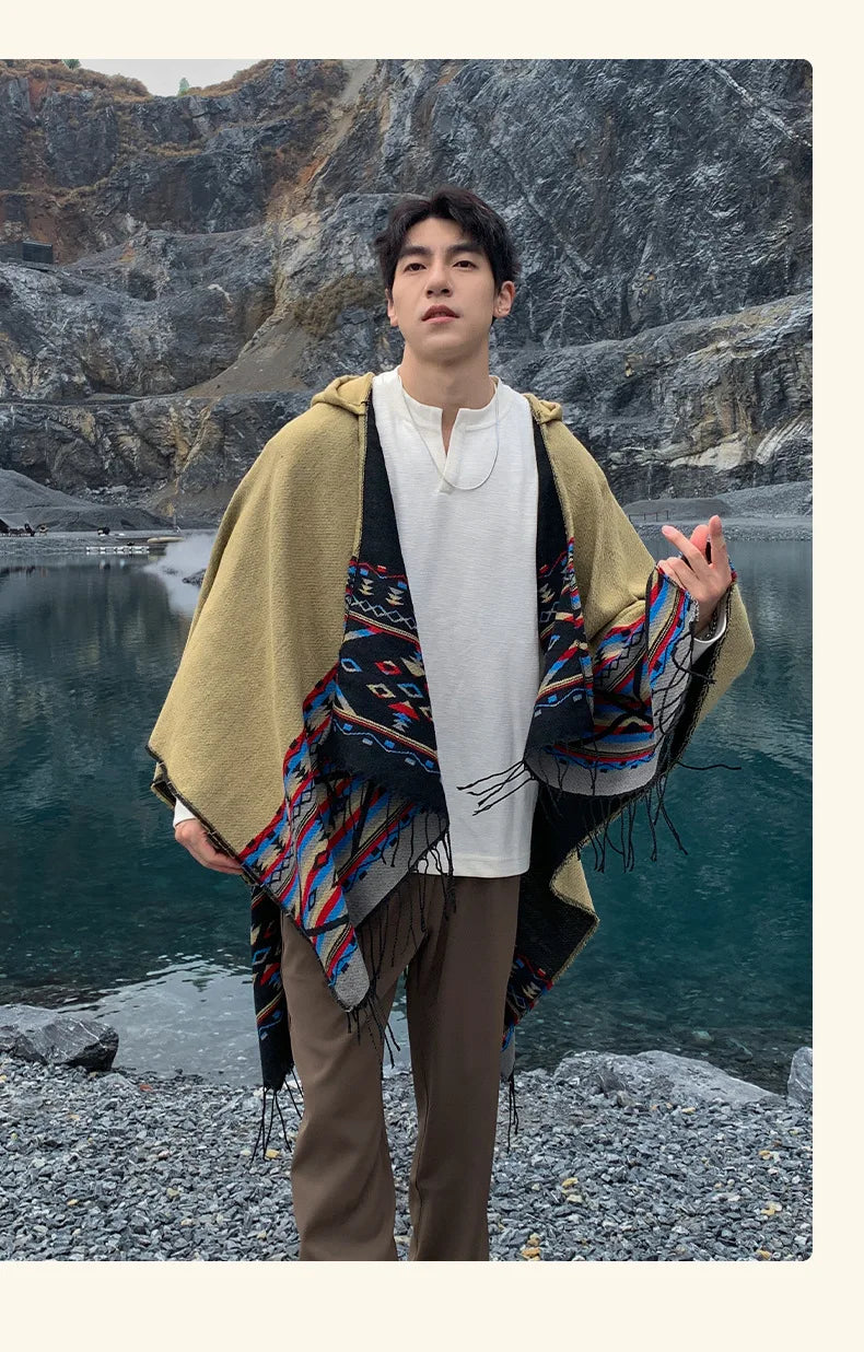 M&T Wear - Winter New Bohemian Shawl Men Ponchos Cashmere Blend Cape Coat Fringe Poncho Vintage Tassel Scarf Hooded Wraps Outwear