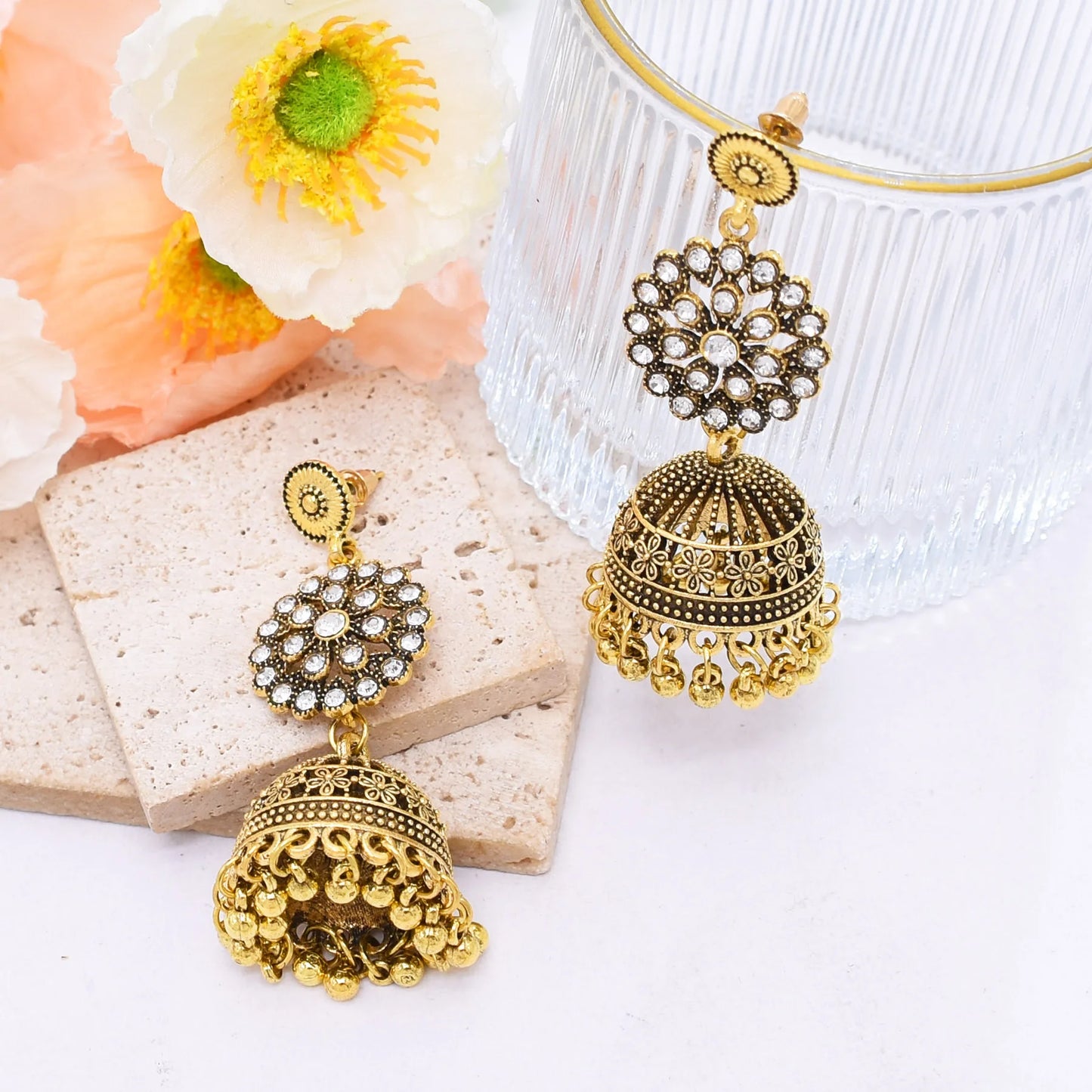 M&T Wear - Traditional Indian Jhumka Earrings for Women | Vintage Peacock Bell Design with Pearl Beads