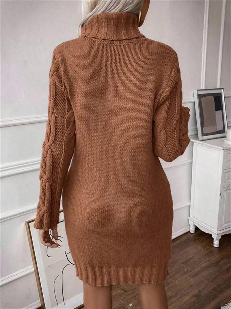 M&T Wear - Simple Slim-Fit High-Neck Mini Sweater Dress