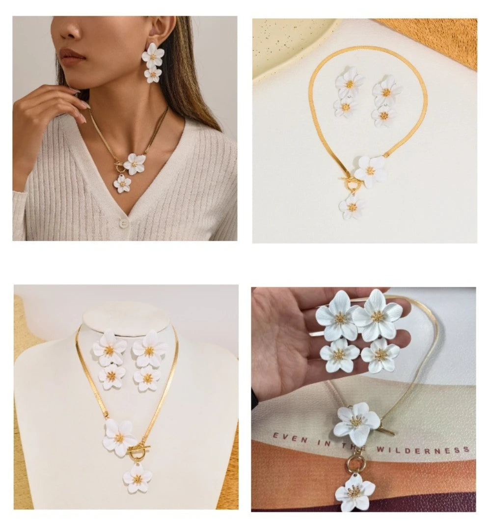 M&T Wear - Elegant Flower Pendant Necklace & Earrings Set for Women