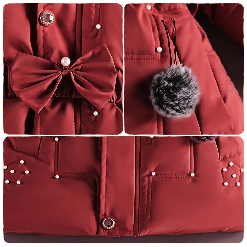 M&T Wear - Children's Winter Jacket Thick Warm Fur Collar Hood Beads Elastic Waist Teens Girls Down Coat,Fashion Windproof Kids Overcoat