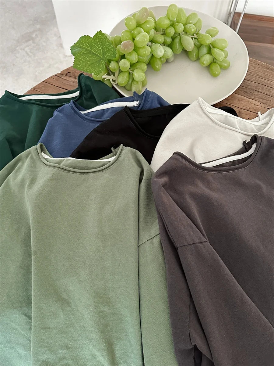 M&T Wear - Korean Children's Clothes 2025 Kids Boys 0-3Y Baby Girls Cotton Solid Color Long Sleeve Loose Fit Base Layer Soft Wear Top