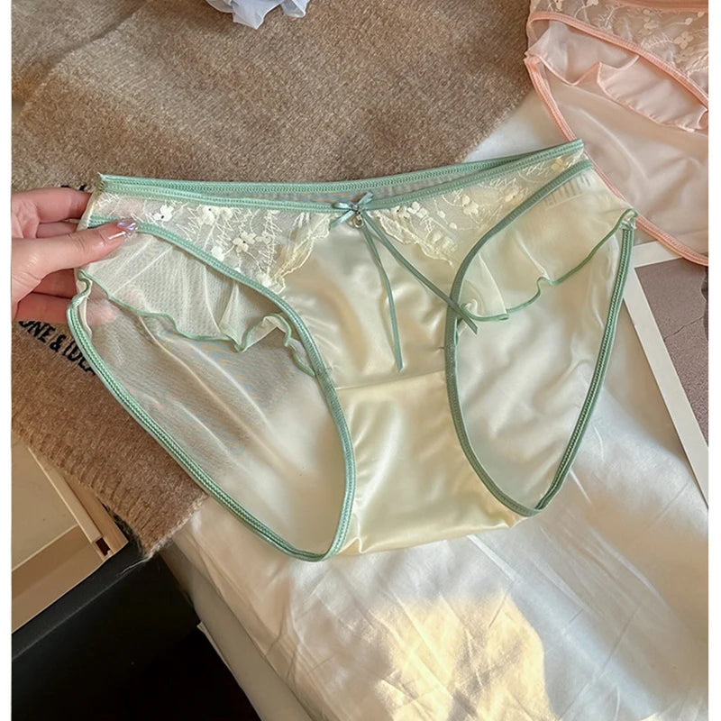 M&T Wear - Women Ruffle Edge Sexy Lace Mesh Satin Transparent Underwear Thin Breathable High Elasticity Low Waist Seamless Panties Breifs