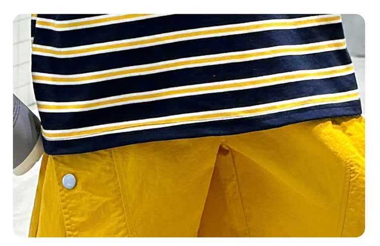 M&T Wear - Kids Striped Summer Suit for Boy with Shorts 2 Piece Cotton Clothing Set Children Top and Bottom Clothes Set Tracksuit Age 5-14Y