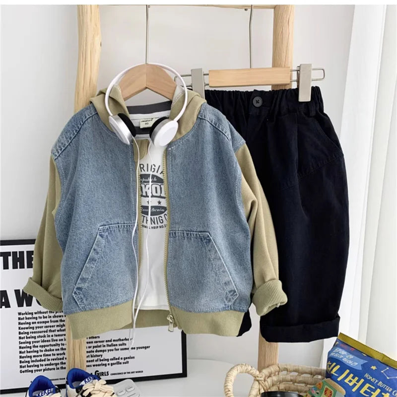 M&T Wear - Boys Jeans Jackets Spring Girls Fashion Hooded Coats Autumn Children Clothes Kids Casual Zipper Colorblocking Outerwear 1-10Y